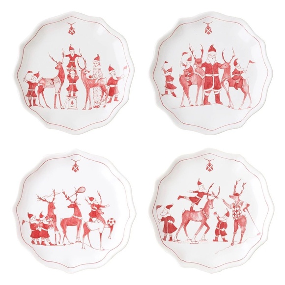 Juliska Country Estate Winter Holiday Reindeer Games tidbit plates set of 4 ruby